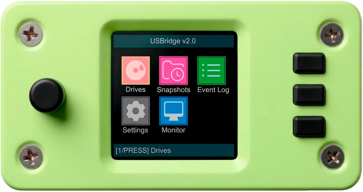 USBridge KVM 2.0 device for BIOS-level remote control with integrated display.