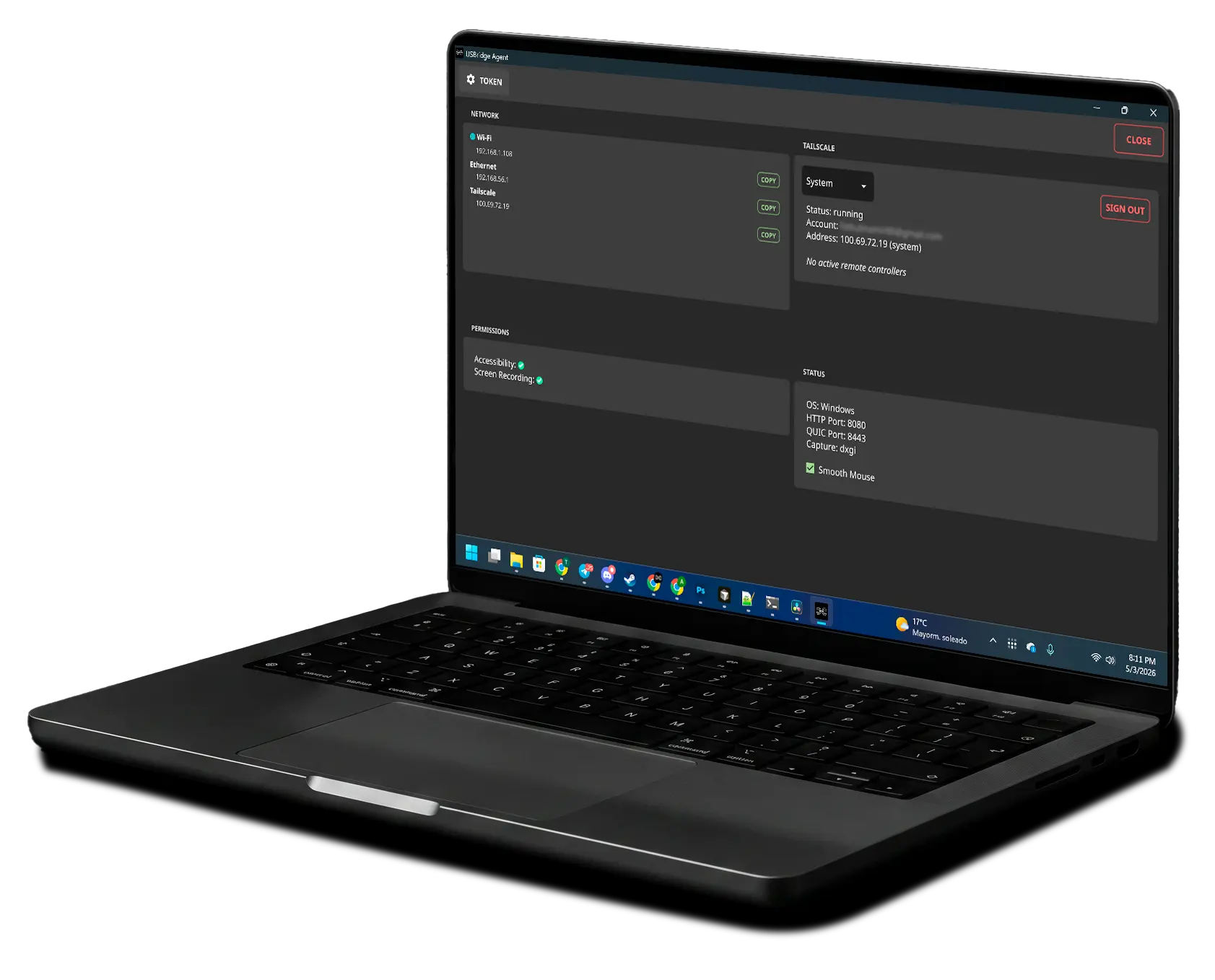 USBridge Remote agent interface on a laptop with Tailscale integration and 2K streaming support.
