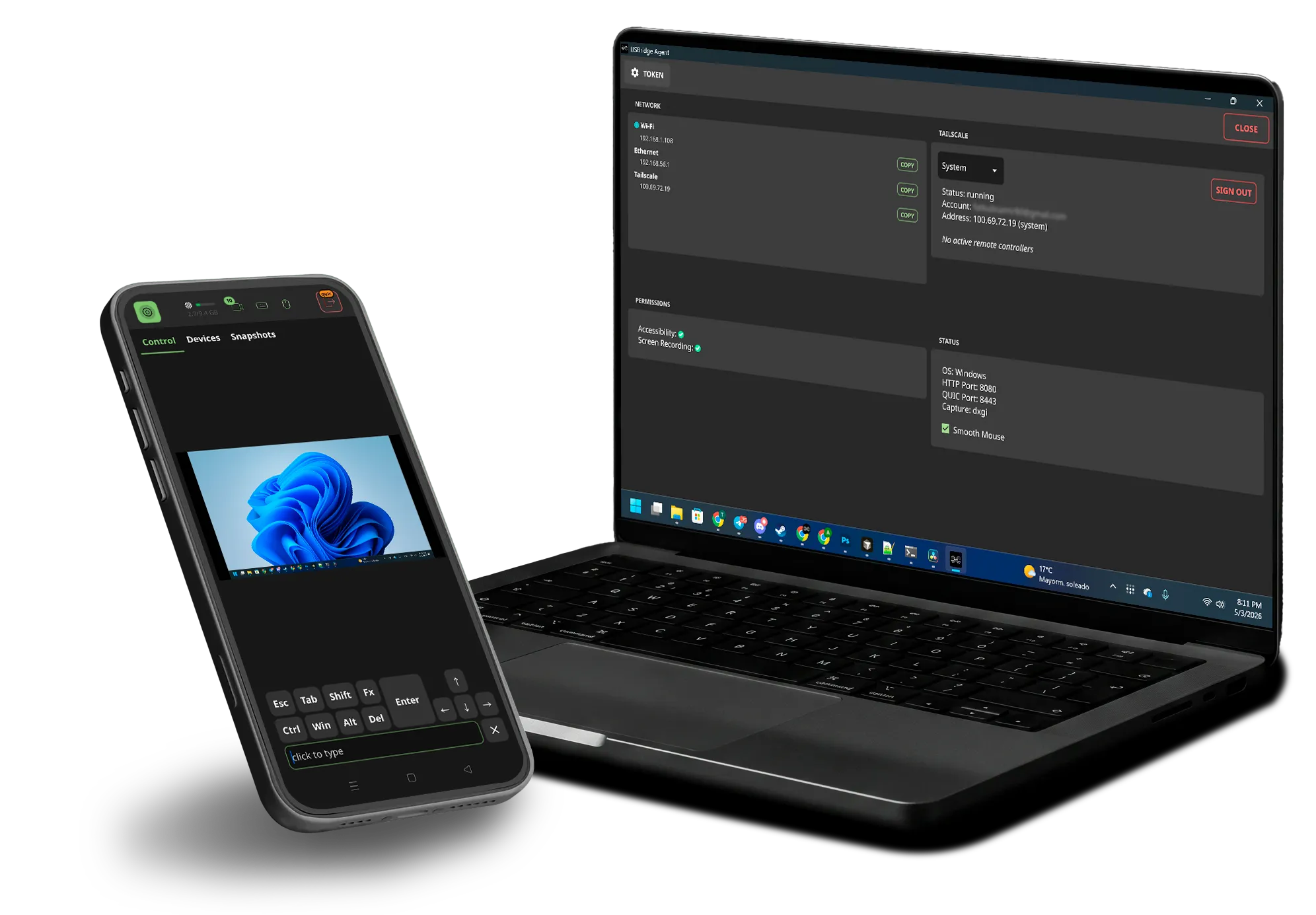 USBridge Remote mobile and laptop interfaces showing high-performance 2K remote software access with ultra-low latency.