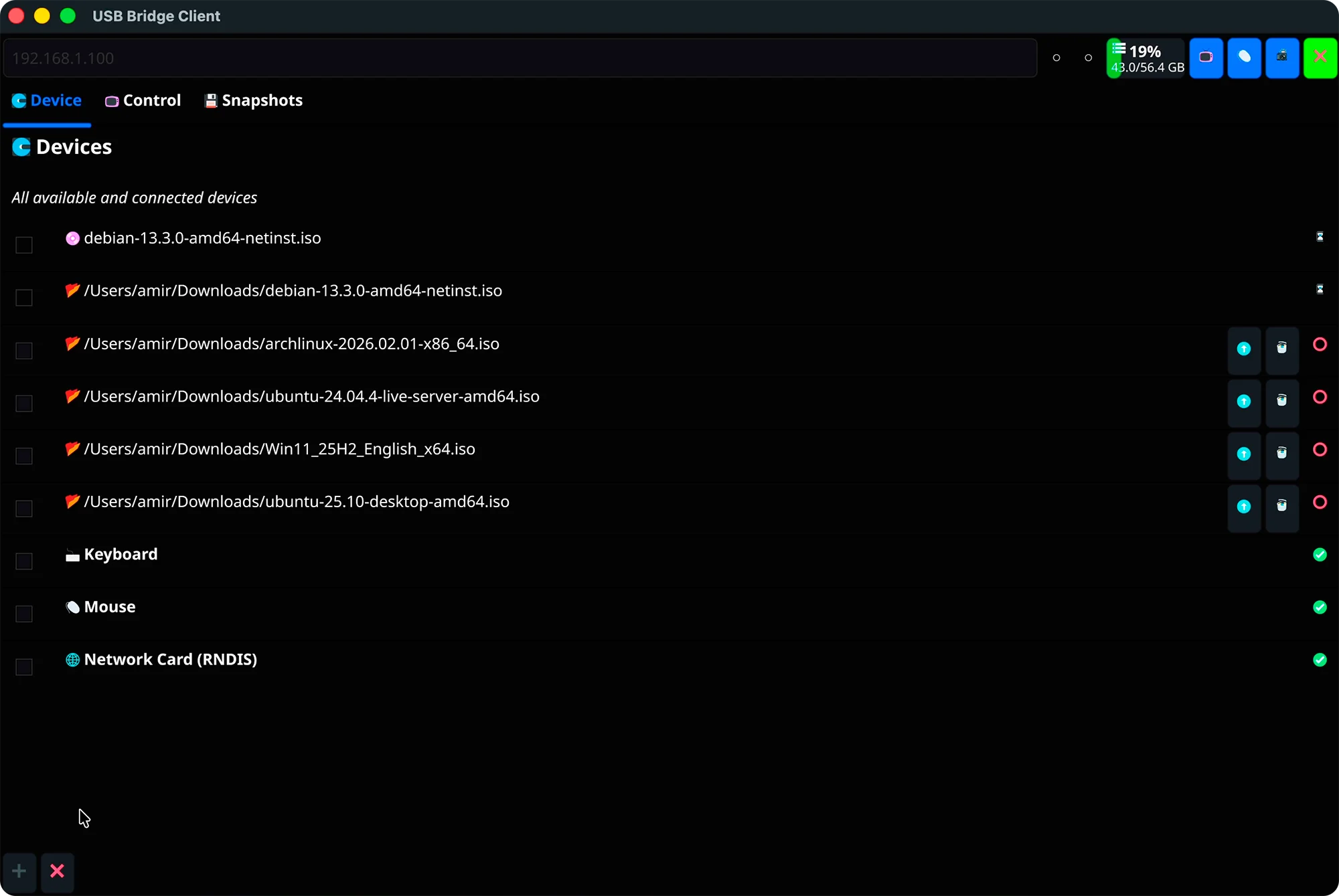 USBridge client application interface configuring remote disk mounting of ISO and VMDK images for PXE-free bare-metal provisioning