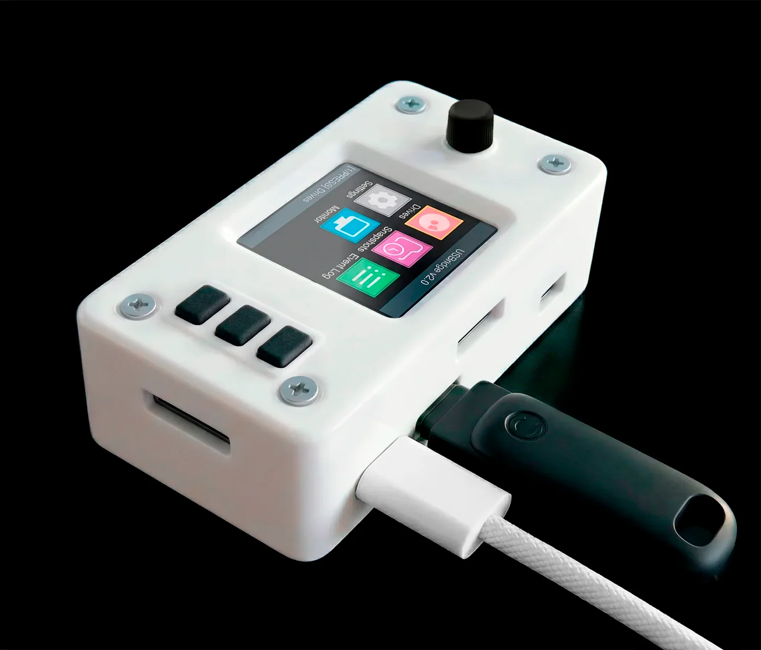 USBridge hardware appliance displaying immutable Btrfs data snapshot interface for connected SSD, SD card, and USB storage drives